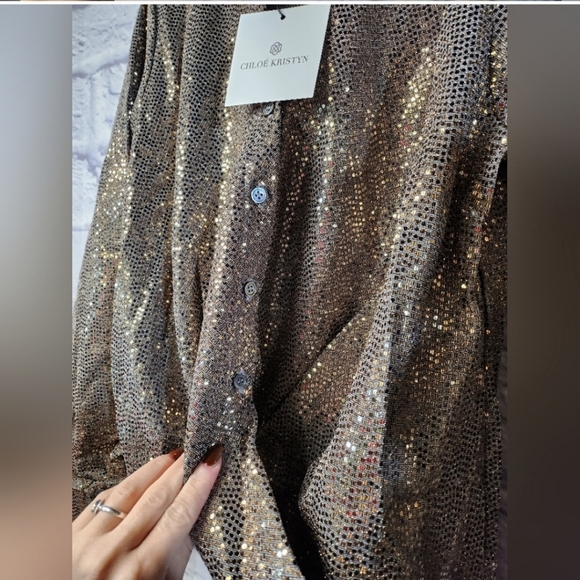 NWT $680 Chloe Kristyn 2 Pieces Sequin Gold Pants and Button Down Blouse Size L - Picture 14 of 14